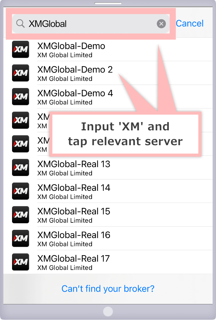 Input 'XM' and tap relevant server