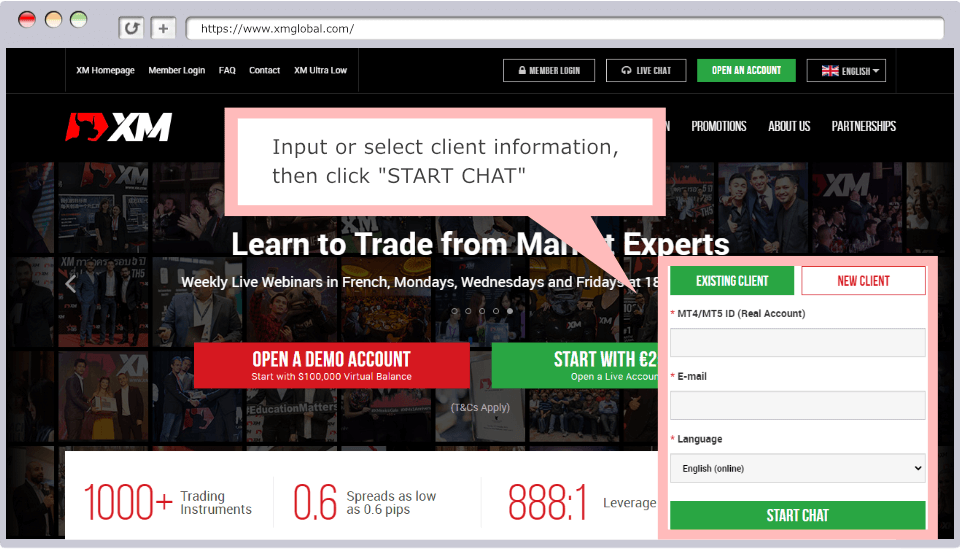 Input or Select Client Information, Then Click START CHAT