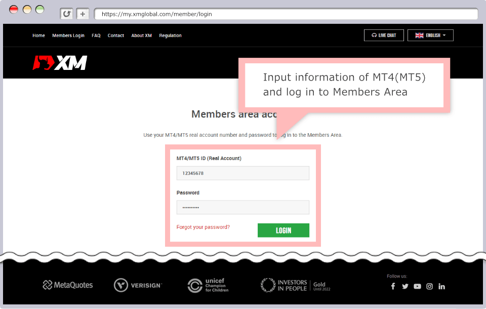 Input information of MT4(MT5) and log in to Members Area